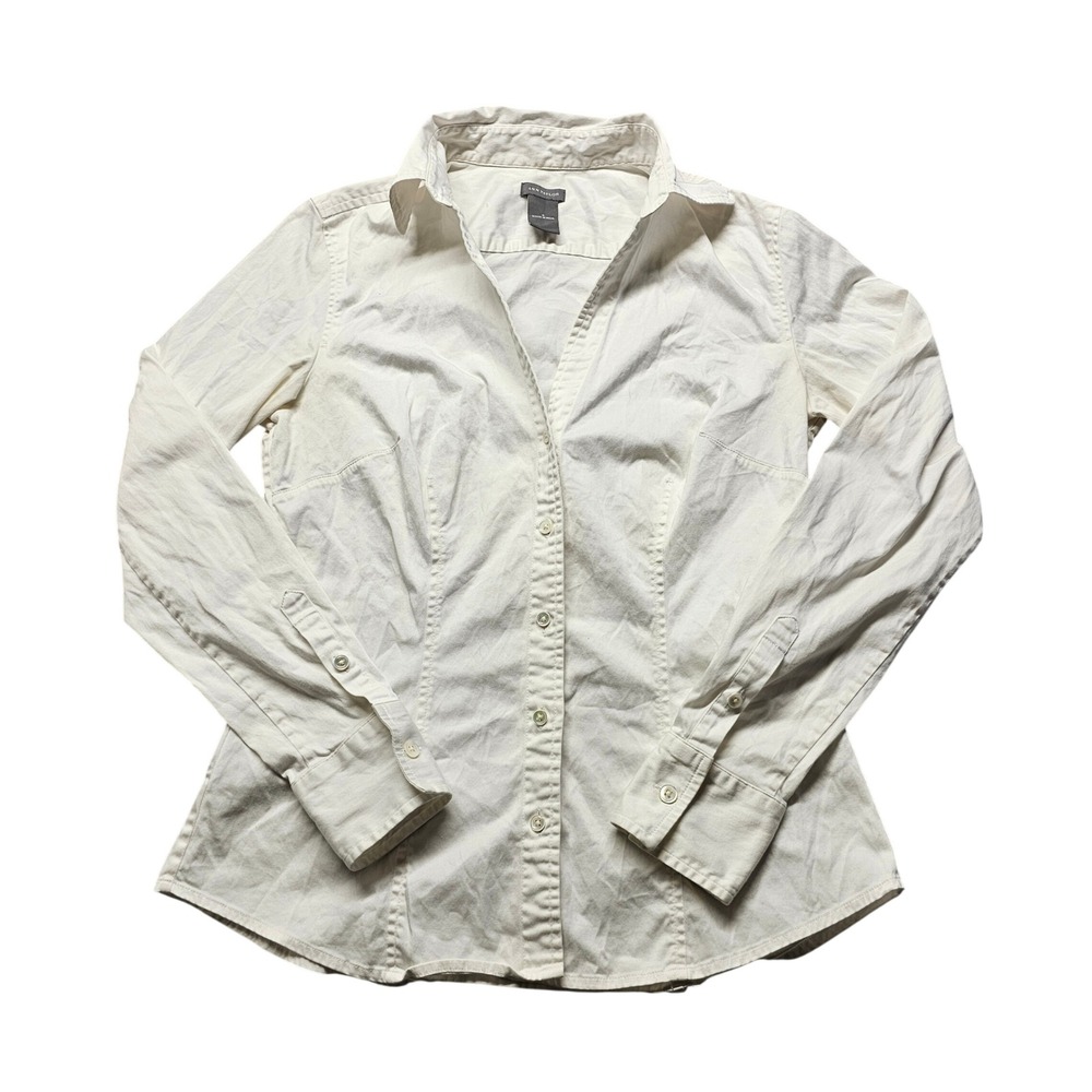 Ann Taylor Womens 6 Cream White Cotton Spandex Long Sleeve Button Down‎ Shirt